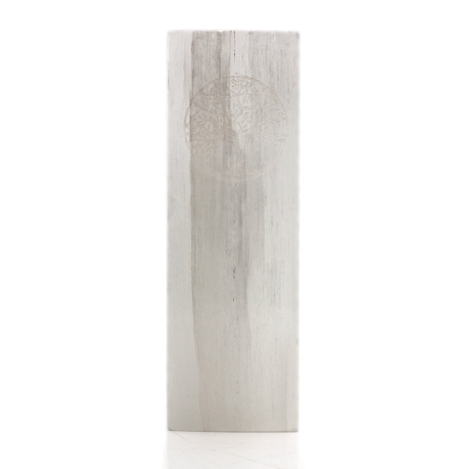 Handmade Selenite Block Lamp - Tree of Life product packaging on clean background from Quintessential Holistic Health Ltd