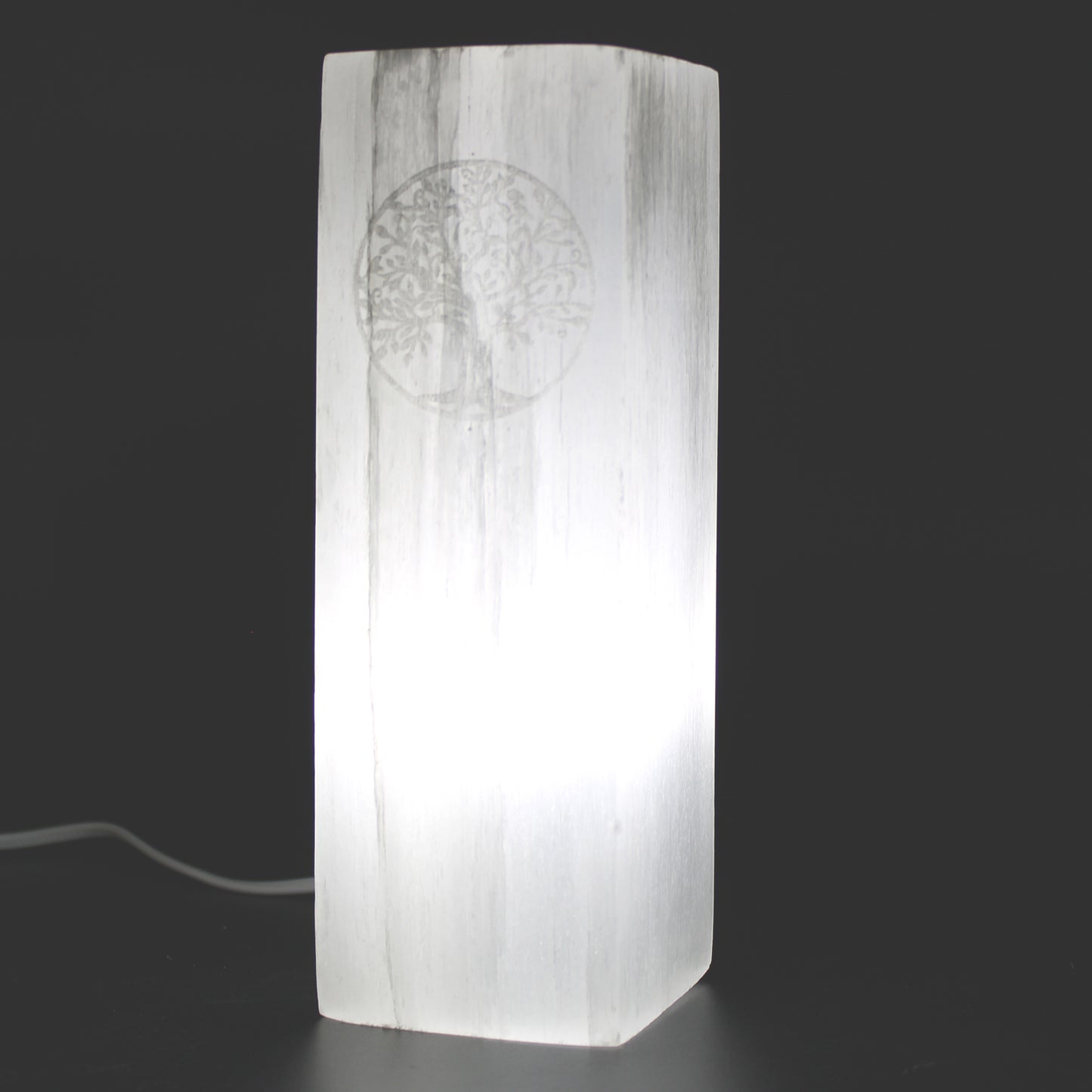 Handmade Selenite Block Lamp - Tree of Life product packaging on clean background from Quintessential Holistic Health Ltd
