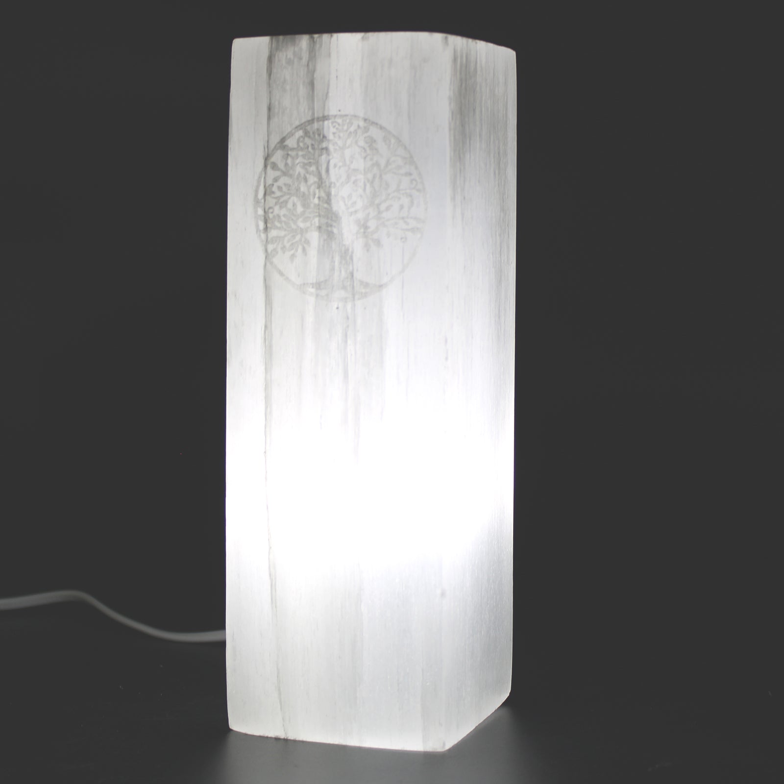 Handmade Selenite Block Lamp - Tree of Life product packaging on clean background from Quintessential Holistic Health Ltd