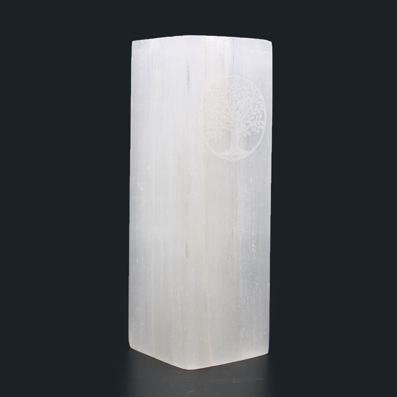 Handmade Selenite Block Lamp - Tree of Life product packaging on clean background from Quintessential Holistic Health Ltd