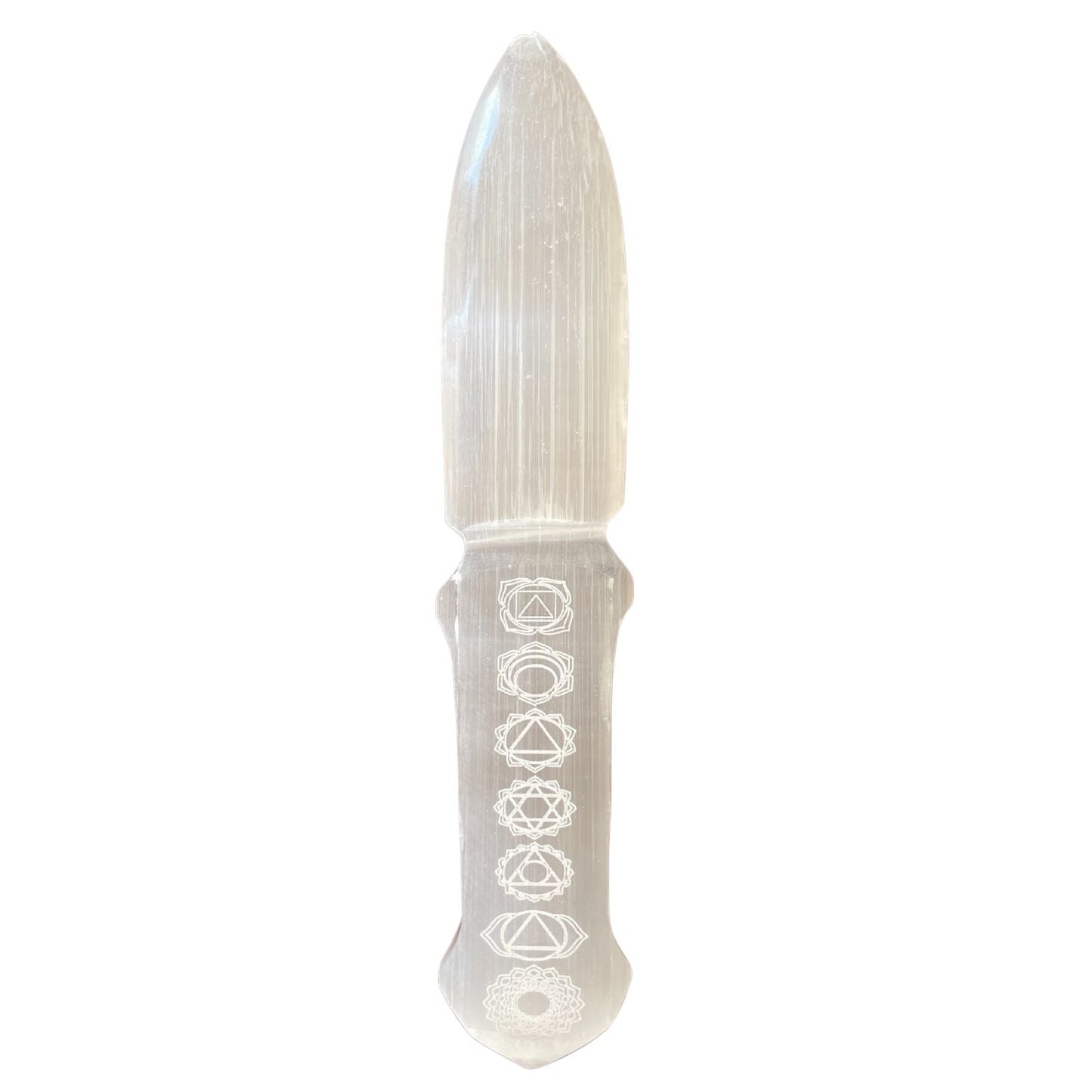 Handmade Selenite Ceremonial Knife - Chakra product packaging on clean background from Quintessential Holistic Health Ltd