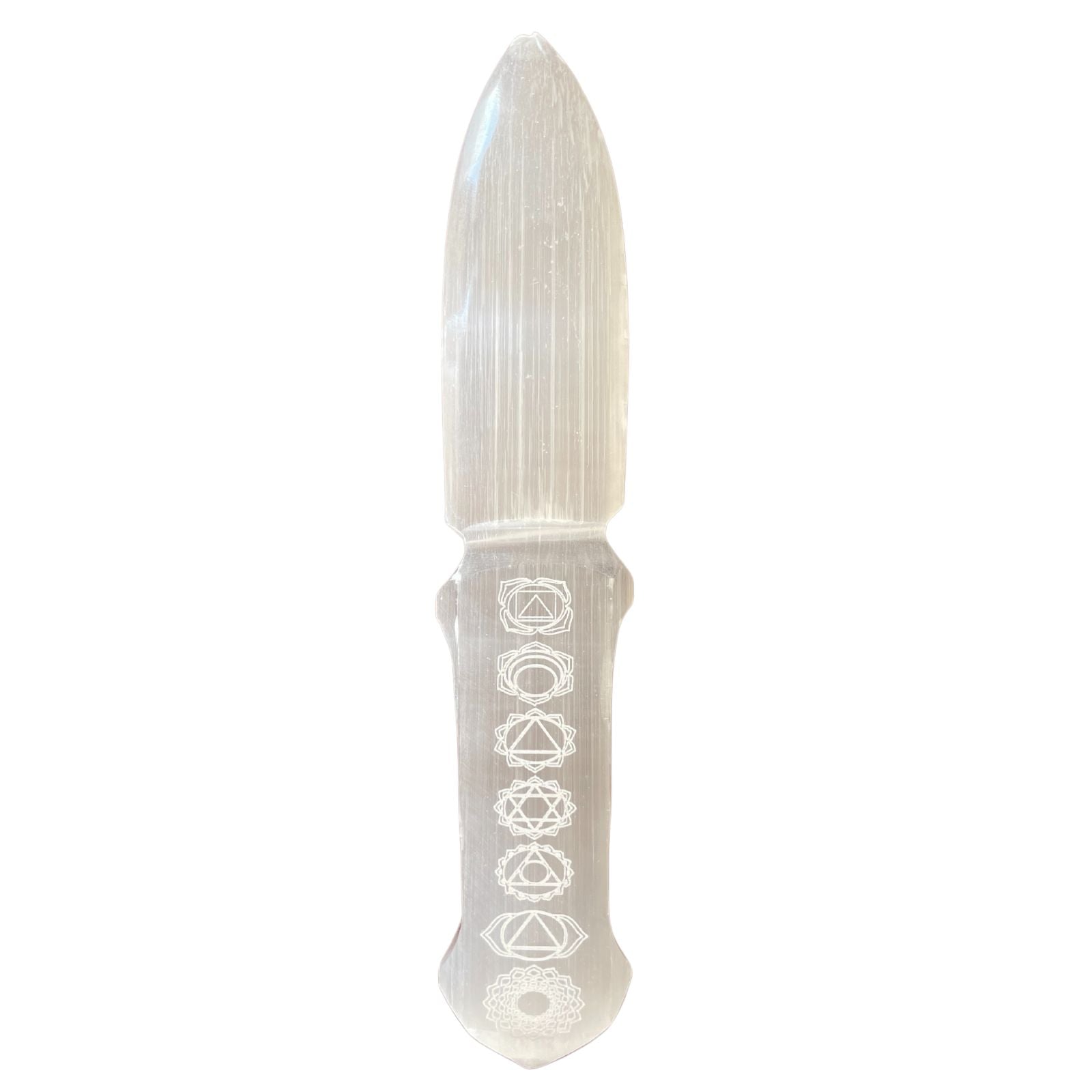Handmade Selenite Ceremonial Knife - Chakra product packaging on clean background from Quintessential Holistic Health Ltd