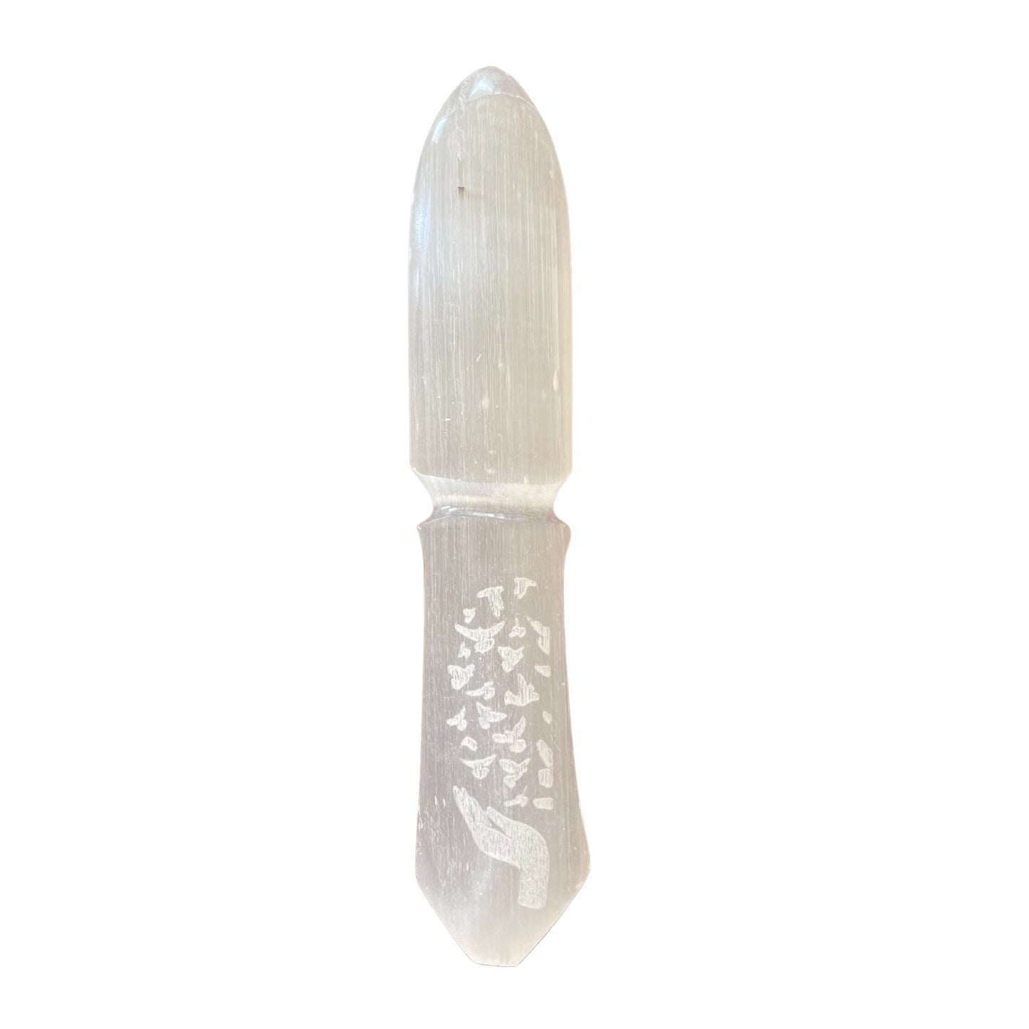 Handmade Selenite Ceremonial Knife - Releasing Bonds product packaging on clean background from Quintessential Holistic Health Ltd