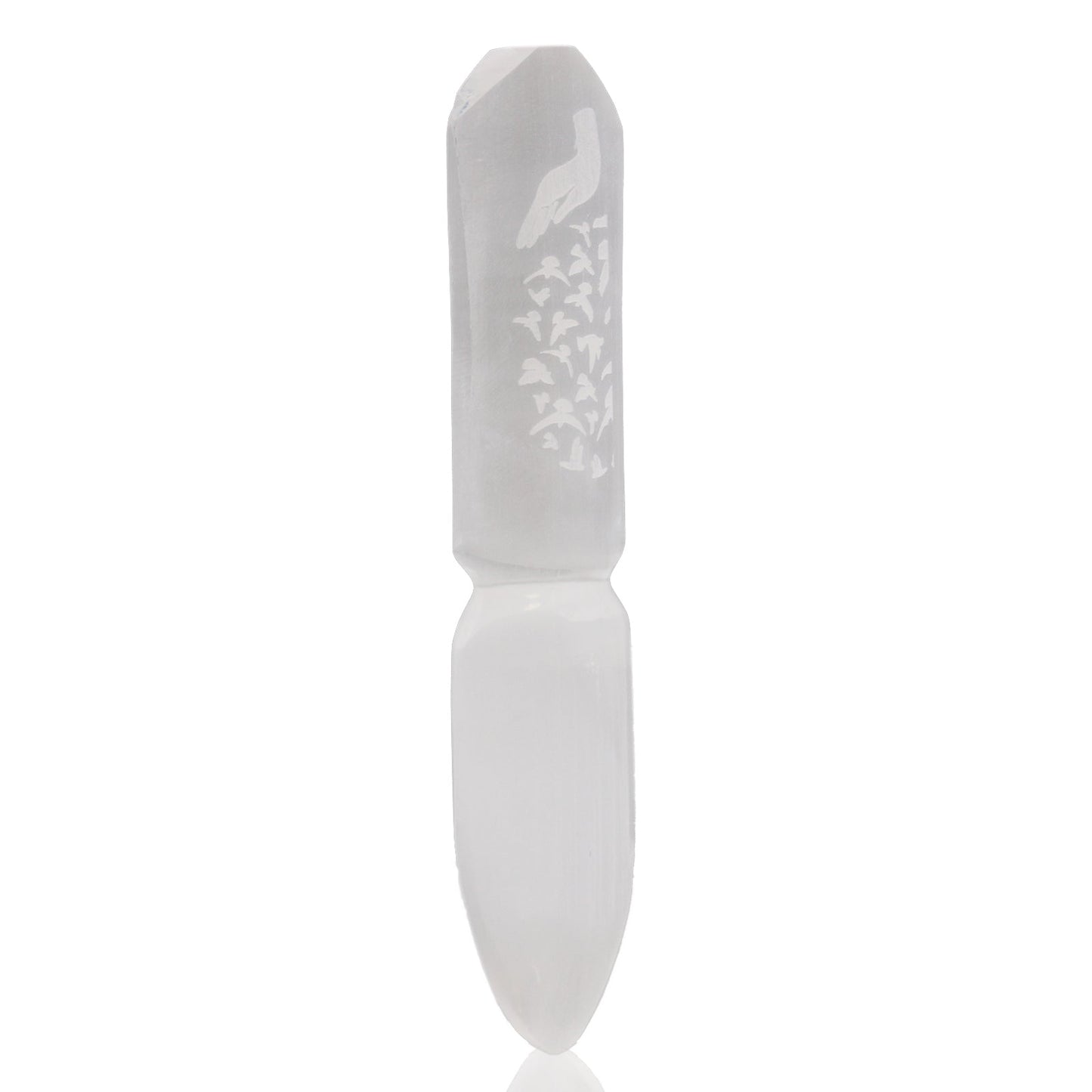 Handmade Selenite Ceremonial Knife - Releasing Bonds product packaging on clean background from Quintessential Holistic Health Ltd