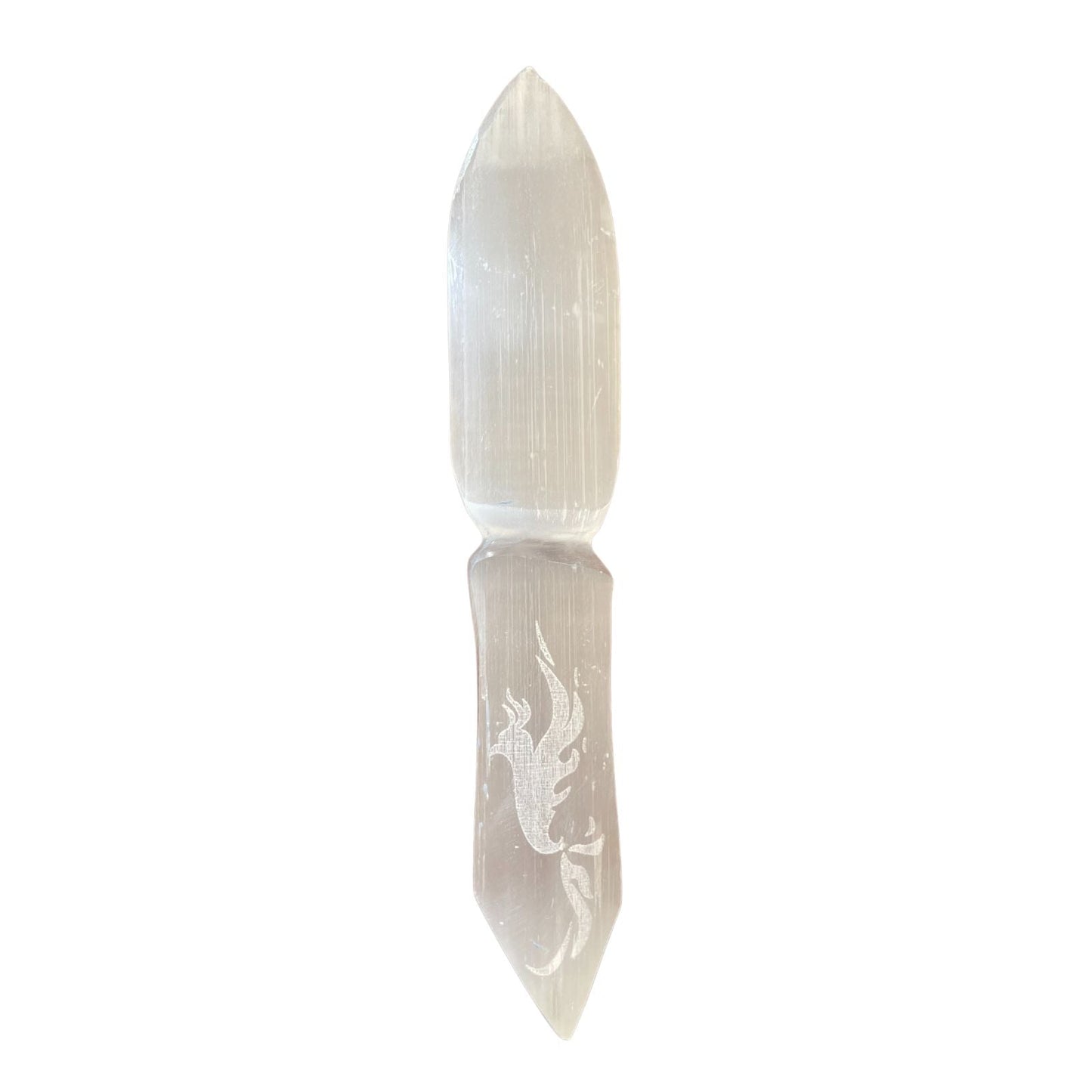 Handmade Selenite Ceremonial Knife - Letting Go of the Past product packaging on clean background from Quintessential Holistic Health Ltd