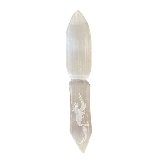 Handmade Selenite Ceremonial Knife - Letting Go of the Past product packaging on clean background from Quintessential Holistic Health Ltd