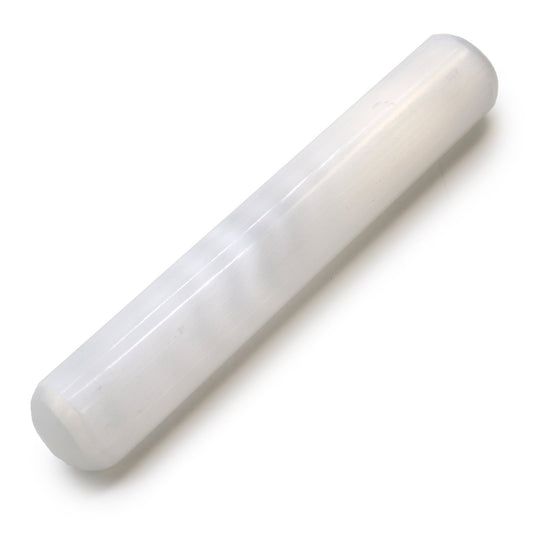 Rounded End Smooth Selenite Healing Wand product packaging on clean background from Quintessential Holistic Health Ltd