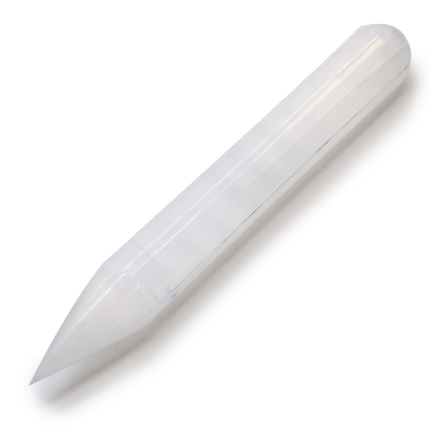 Pointed and Rounded End Smooth Selenite Healing Wand product packaging on clean background from Quintessential Holistic Health Ltd