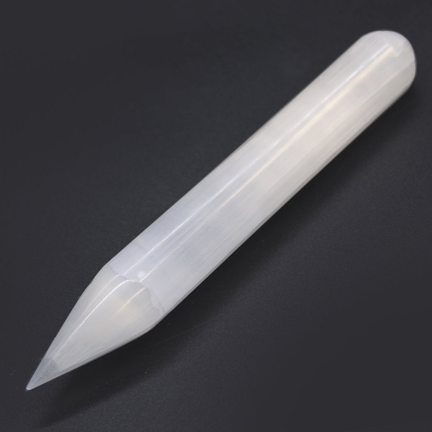 Pointed and Rounded End Smooth Selenite Healing Wand product packaging on clean background from Quintessential Holistic Health Ltd