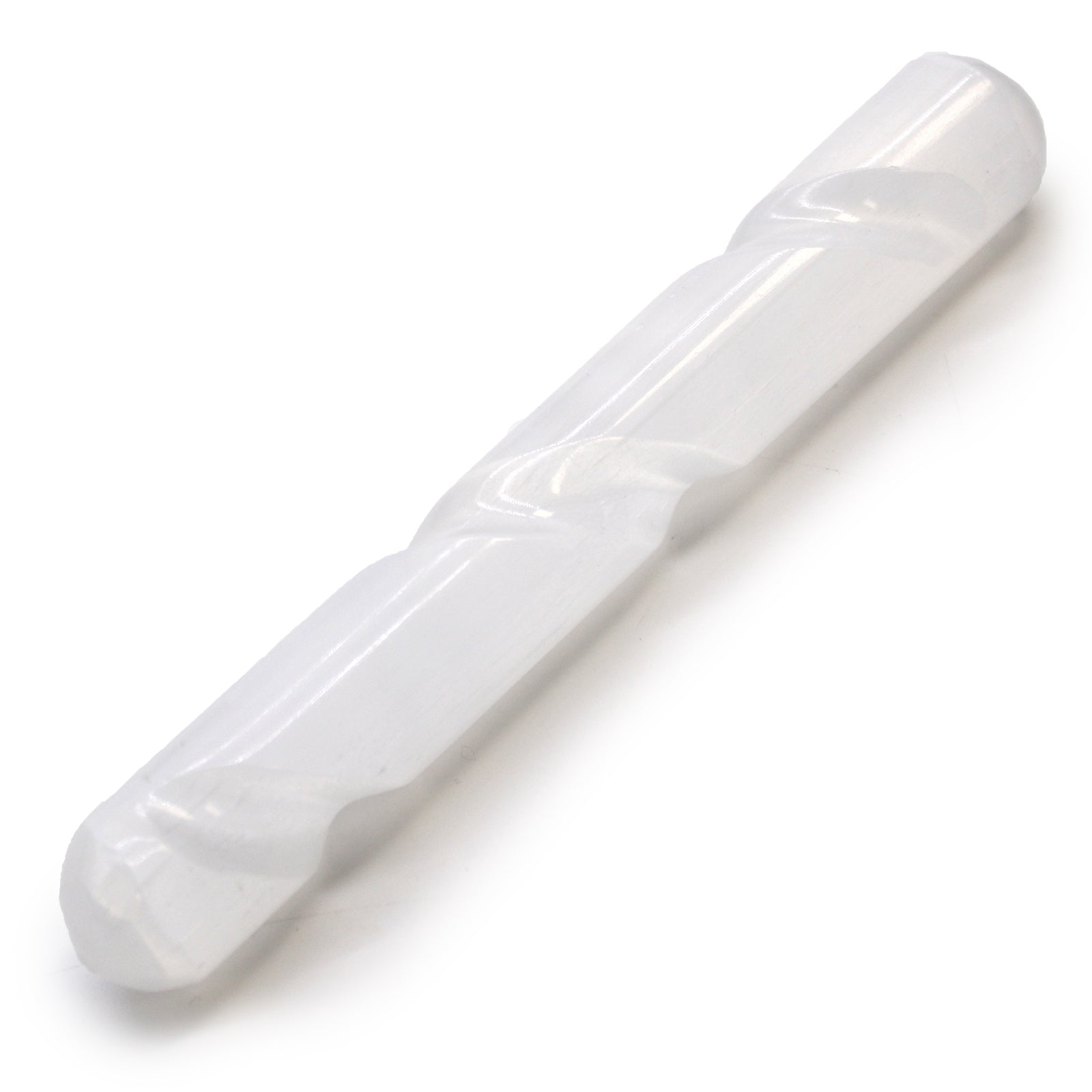 Rounded End Selenite Spiral Healing Wand product packaging on clean background from Quintessential Holistic Health Ltd