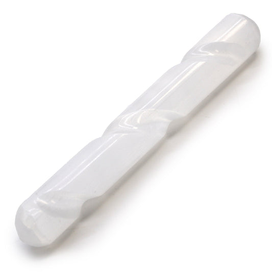 Rounded End Selenite Spiral Healing Wand product packaging on clean background from Quintessential Holistic Health Ltd