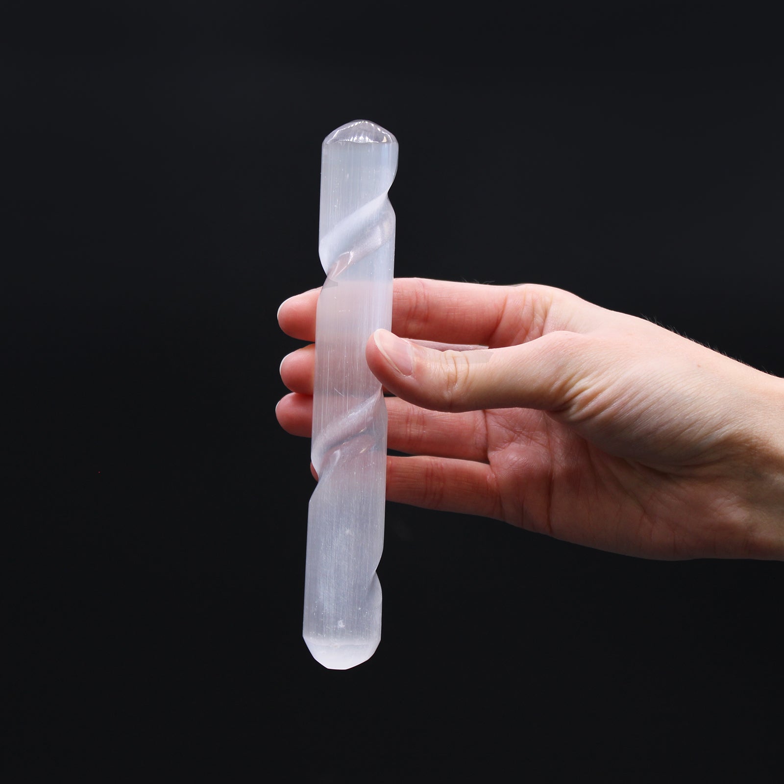 Rounded End Selenite Spiral Healing Wand product packaging on clean background from Quintessential Holistic Health Ltd