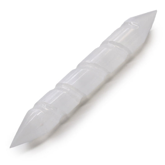 Pointed End Selenite Spiral Healing Wand product packaging on clean background from Quintessential Holistic Health Ltd