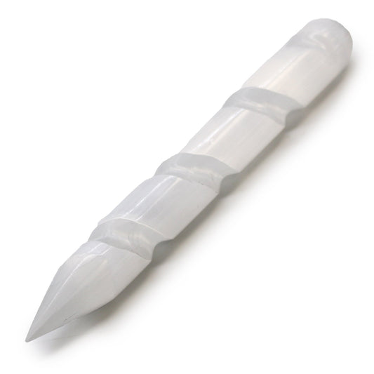 Pointed and Rounded End Selenite Spiral Healing Wand product packaging on clean background from Quintessential Holistic Health Ltd