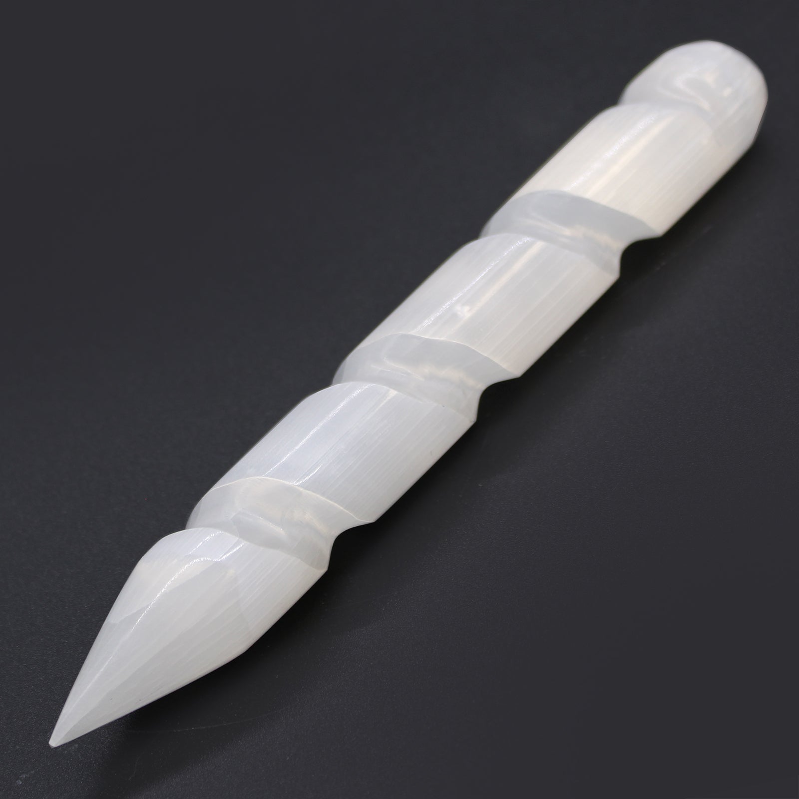 Pointed and Rounded End Selenite Spiral Healing Wand product packaging on clean background from Quintessential Holistic Health Ltd