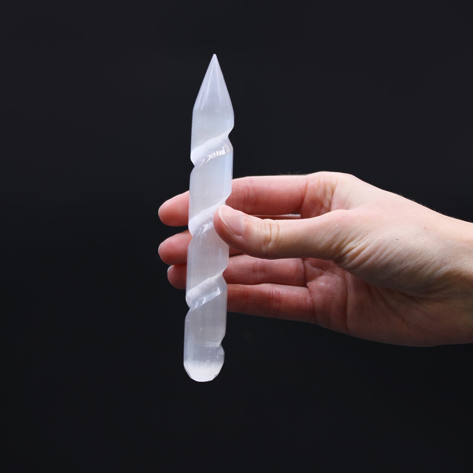 Pointed and Rounded End Selenite Spiral Healing Wand product packaging on clean background from Quintessential Holistic Health Ltd