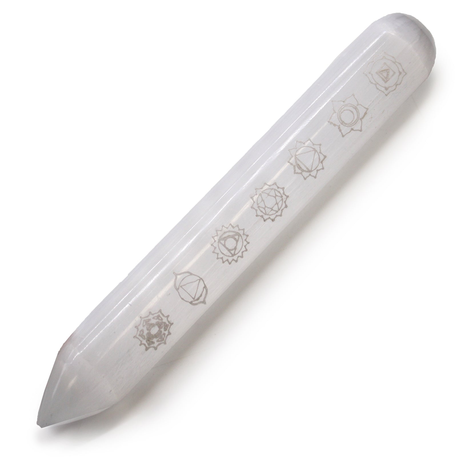 Pointed and Rounded 7 Chakra Selenite Healing Wand product packaging on clean background from Quintessential Holistic Health Ltd