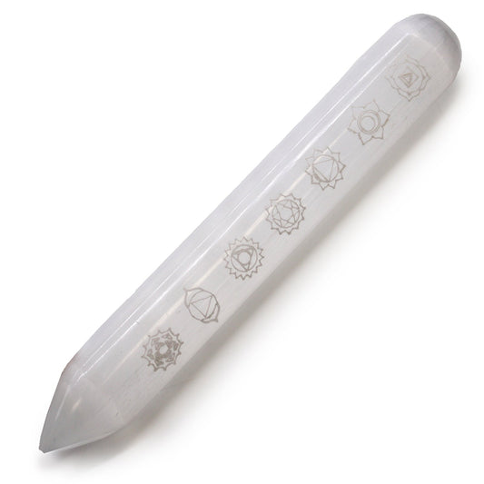 Pointed and Rounded 7 Chakra Selenite Healing Wand product packaging on clean background from Quintessential Holistic Health Ltd