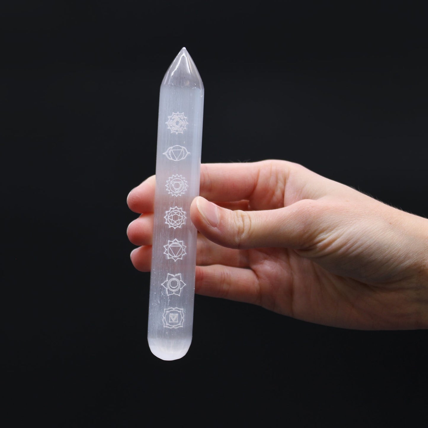 Pointed and Rounded 7 Chakra Selenite Healing Wand product packaging on clean background from Quintessential Holistic Health Ltd