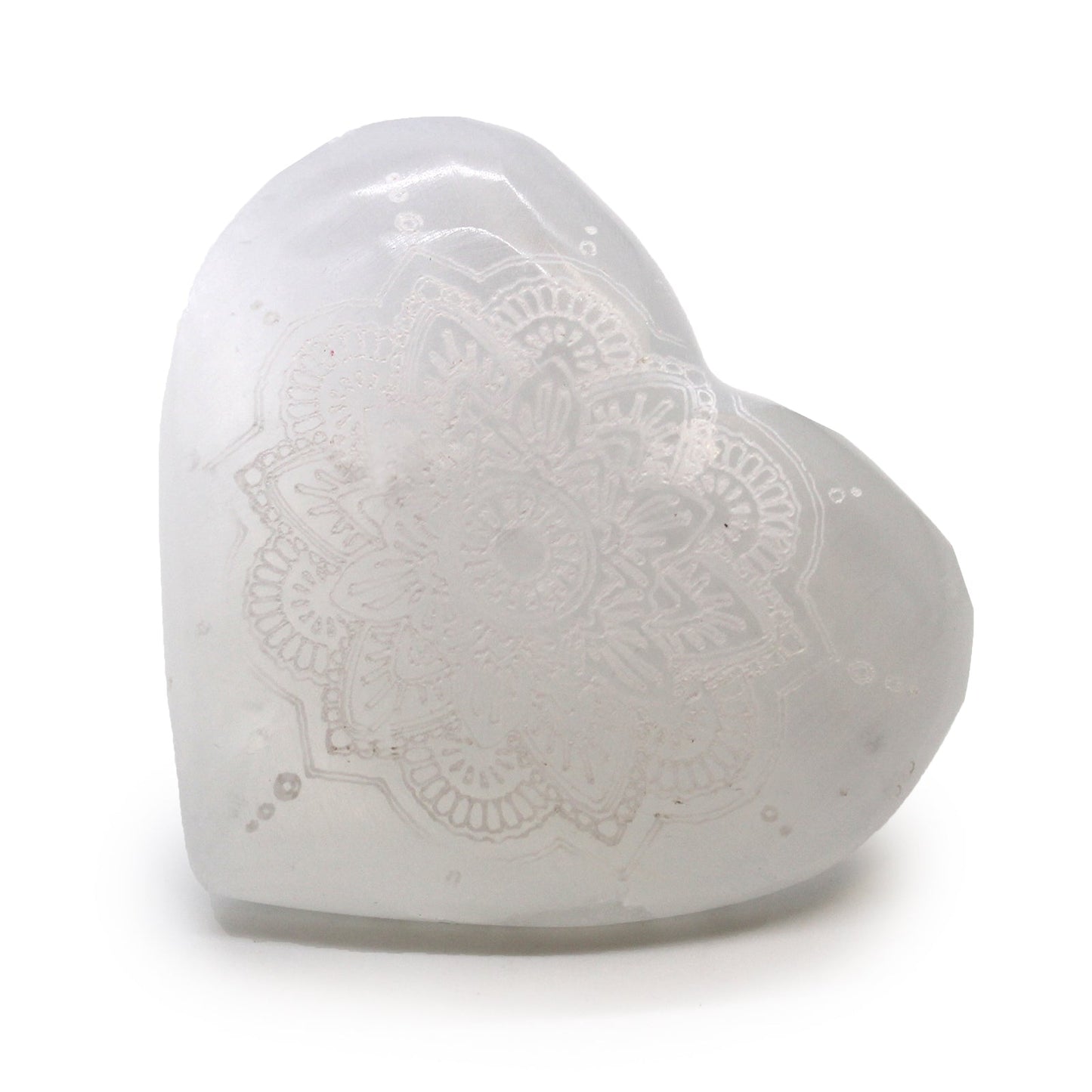 Selenite Heart - Large / Engraved with Mandala product packaging on clean background from Quintessential Holistic Health Ltd
