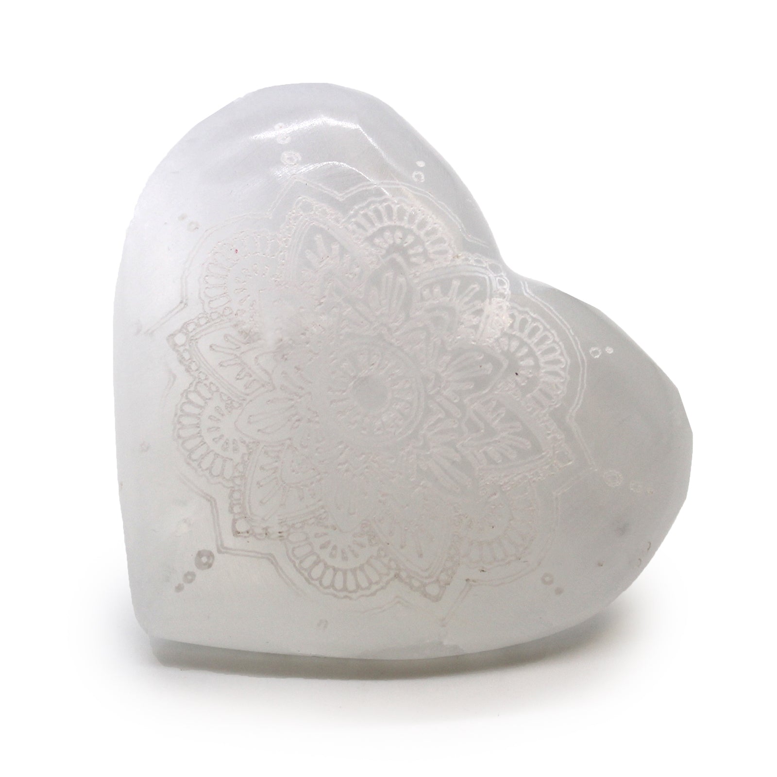 Selenite Heart - Large / Engraved with Mandala product packaging on clean background from Quintessential Holistic Health Ltd