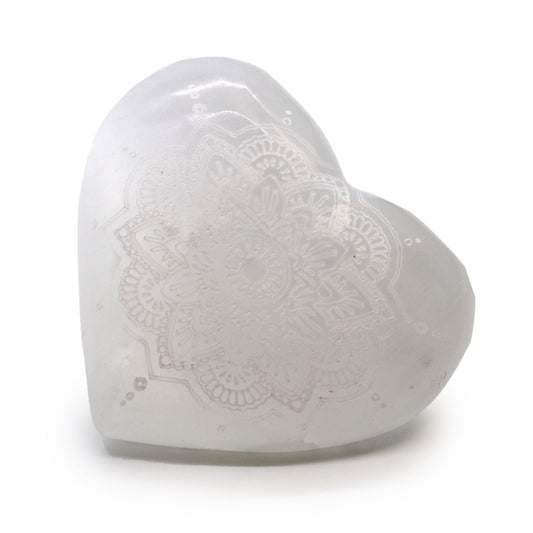 Selenite Heart - Large / Engraved with Mandala product packaging on clean background from Quintessential Holistic Health Ltd