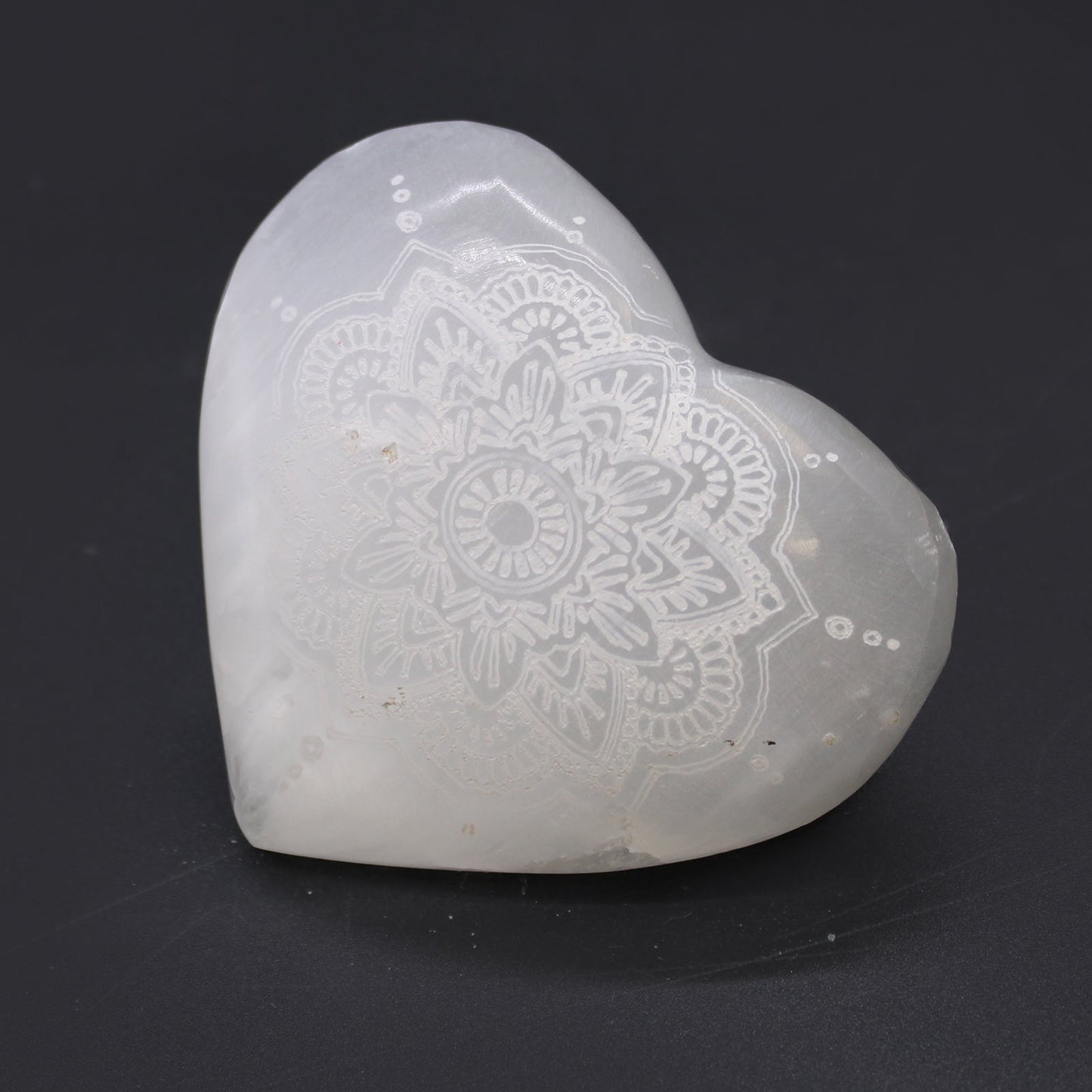 Selenite Heart - Large / Engraved with Mandala product packaging on clean background from Quintessential Holistic Health Ltd