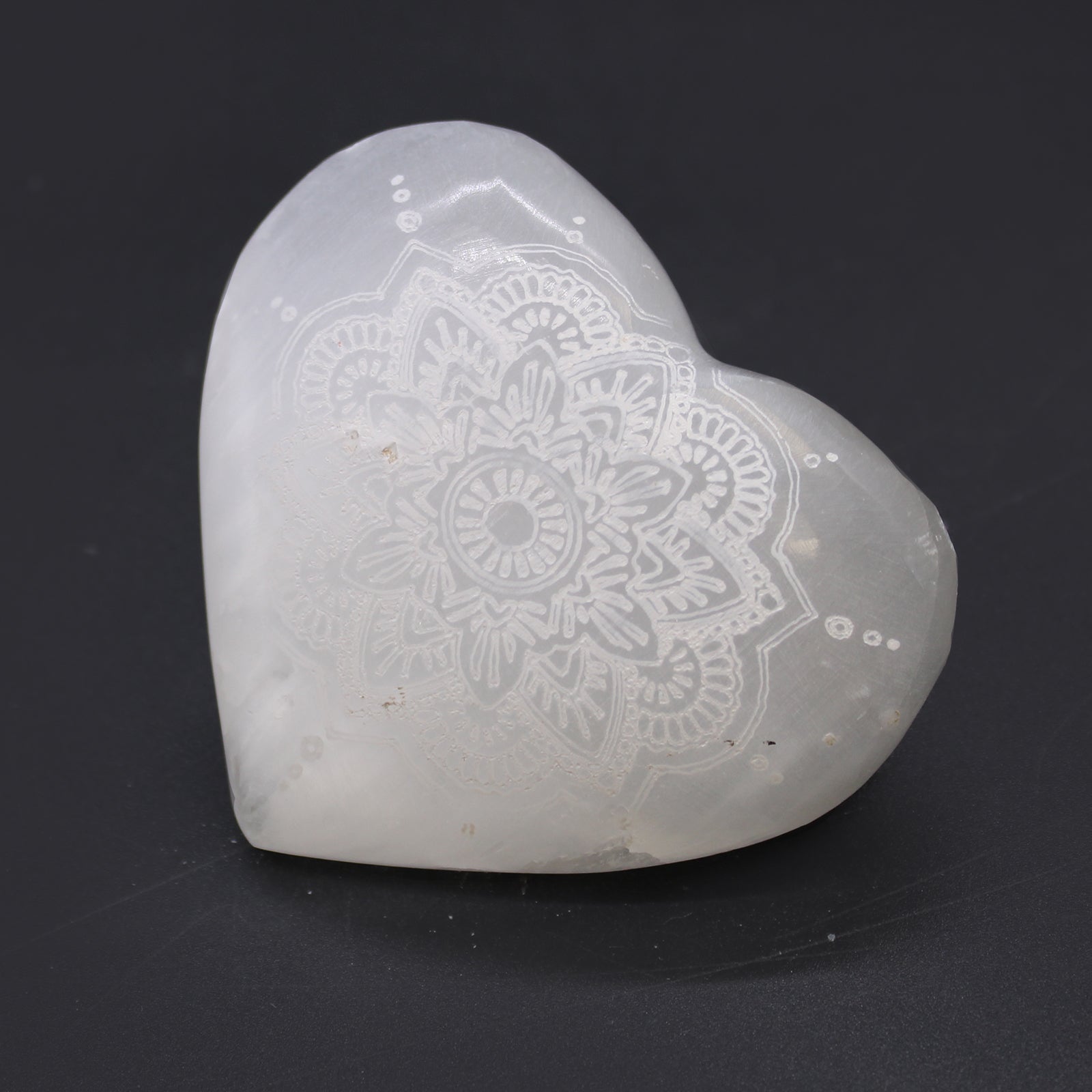 Selenite Heart - Large / Engraved with Mandala product packaging on clean background from Quintessential Holistic Health Ltd