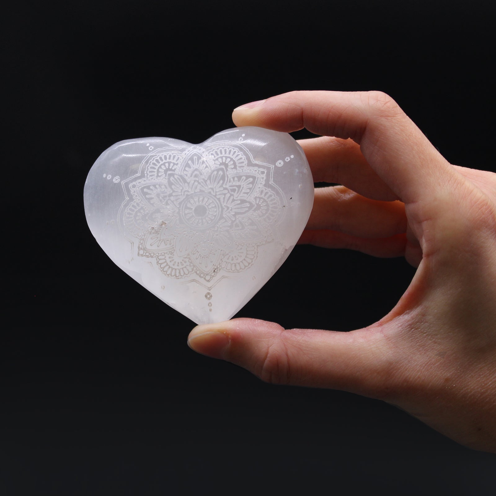Selenite Heart - Large / Engraved with Mandala product packaging on clean background from Quintessential Holistic Health Ltd