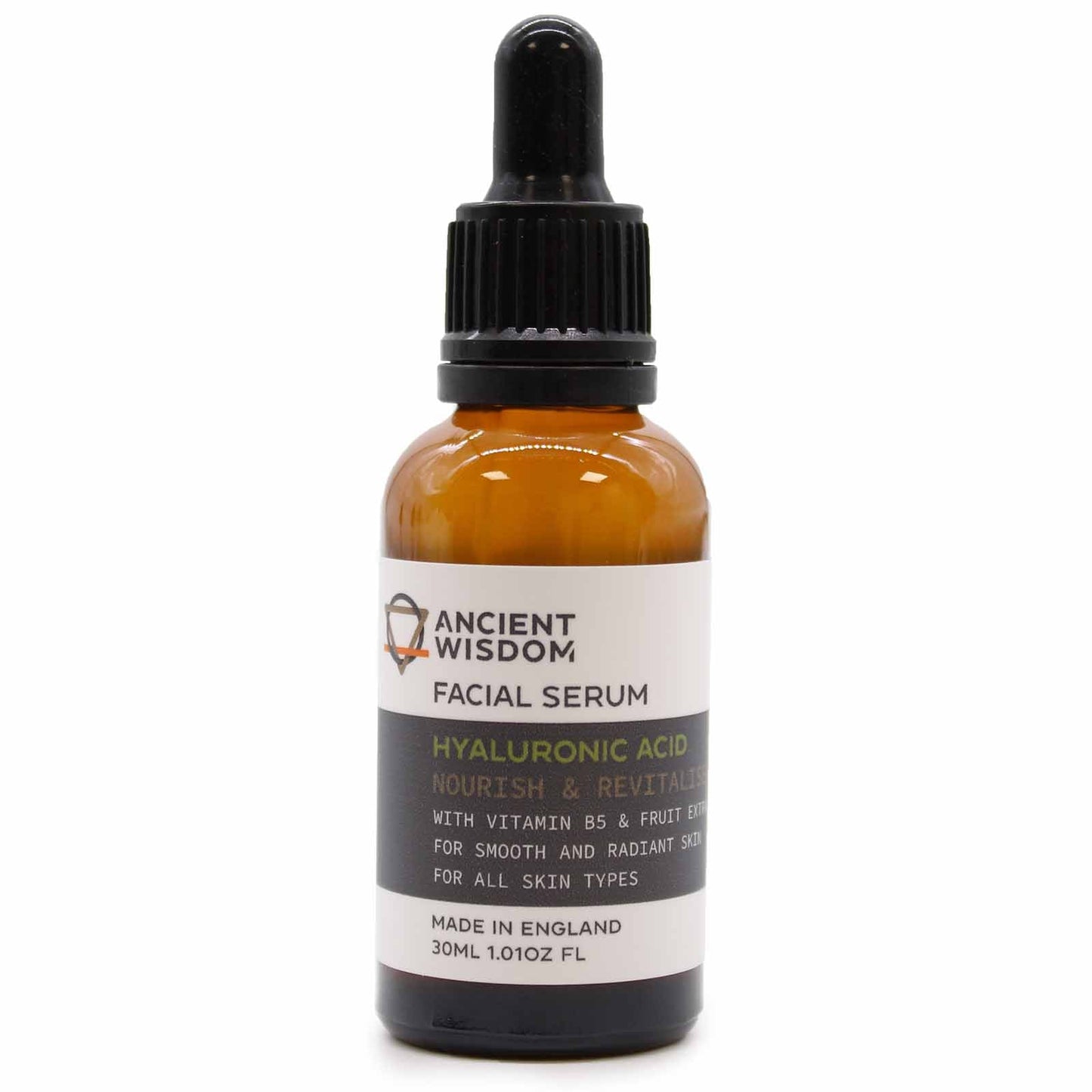 30ml Vegan-Friendly Facial Serum - Hyaluronic Acid product packaging on clean background from Quintessential Holistic Health Ltd