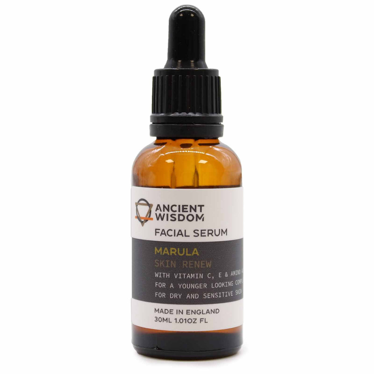 Vegan-Friendly Marula Oil Facial Serum - 30ml in an amber dropper bottle with a black cap and white printed label by Quintessential Holistic Health Ltd