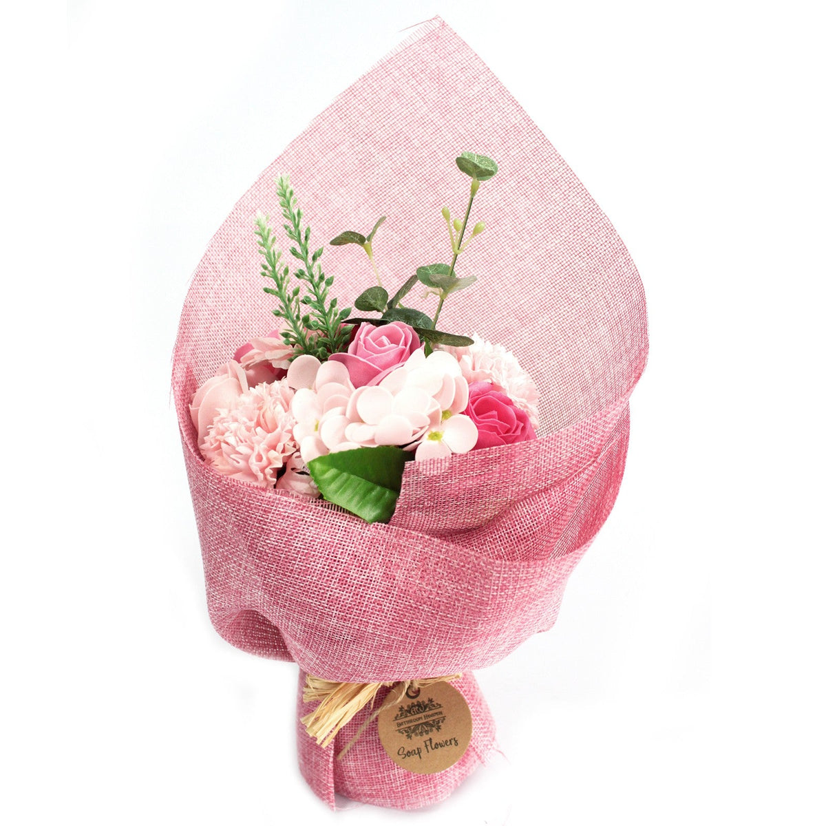 Standing Soap Flower Bouquet - Pink, upright with pale pink and deep pink flowers in pink wrapping, by Quintessential Holistic Health Ltd
