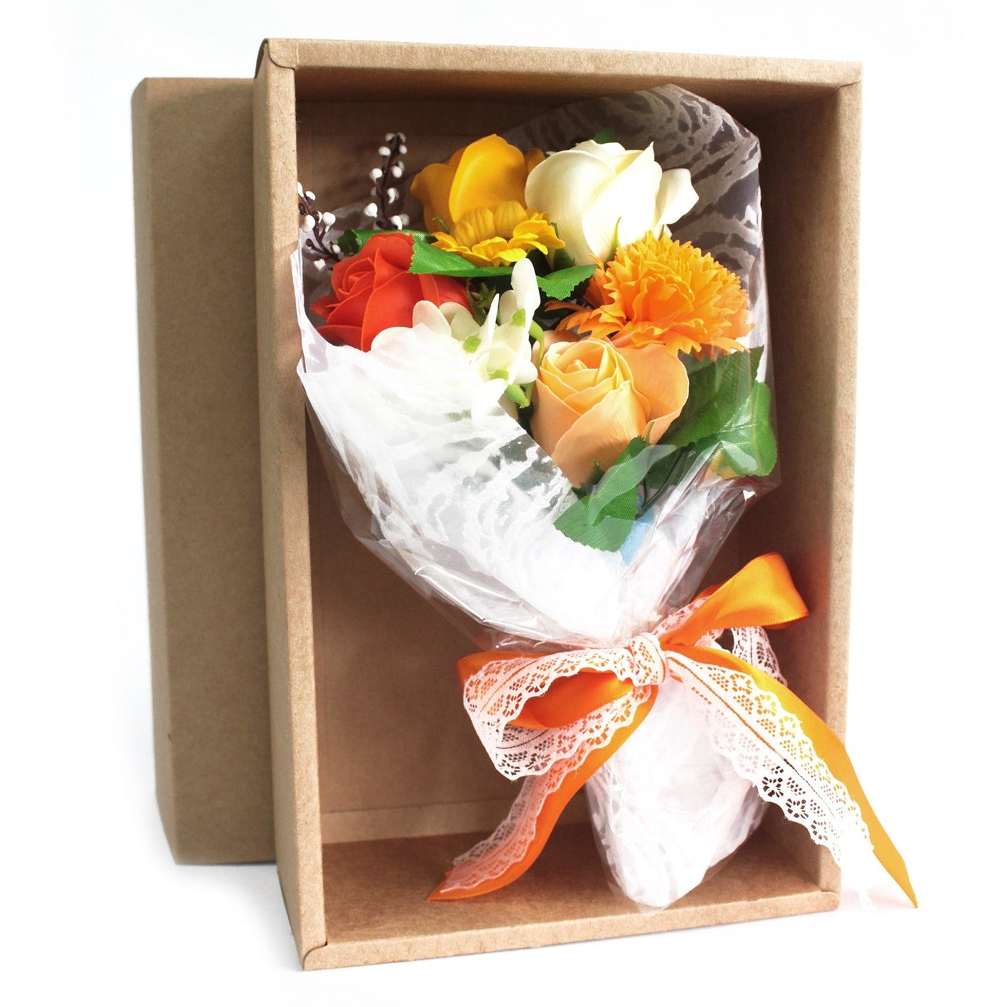 Soap Flower Boxed Bouquet - Orange, with orange, yellow and white flowers tied with an orange ribbon in an open brown box by Quintessential Holistic Health Ltd