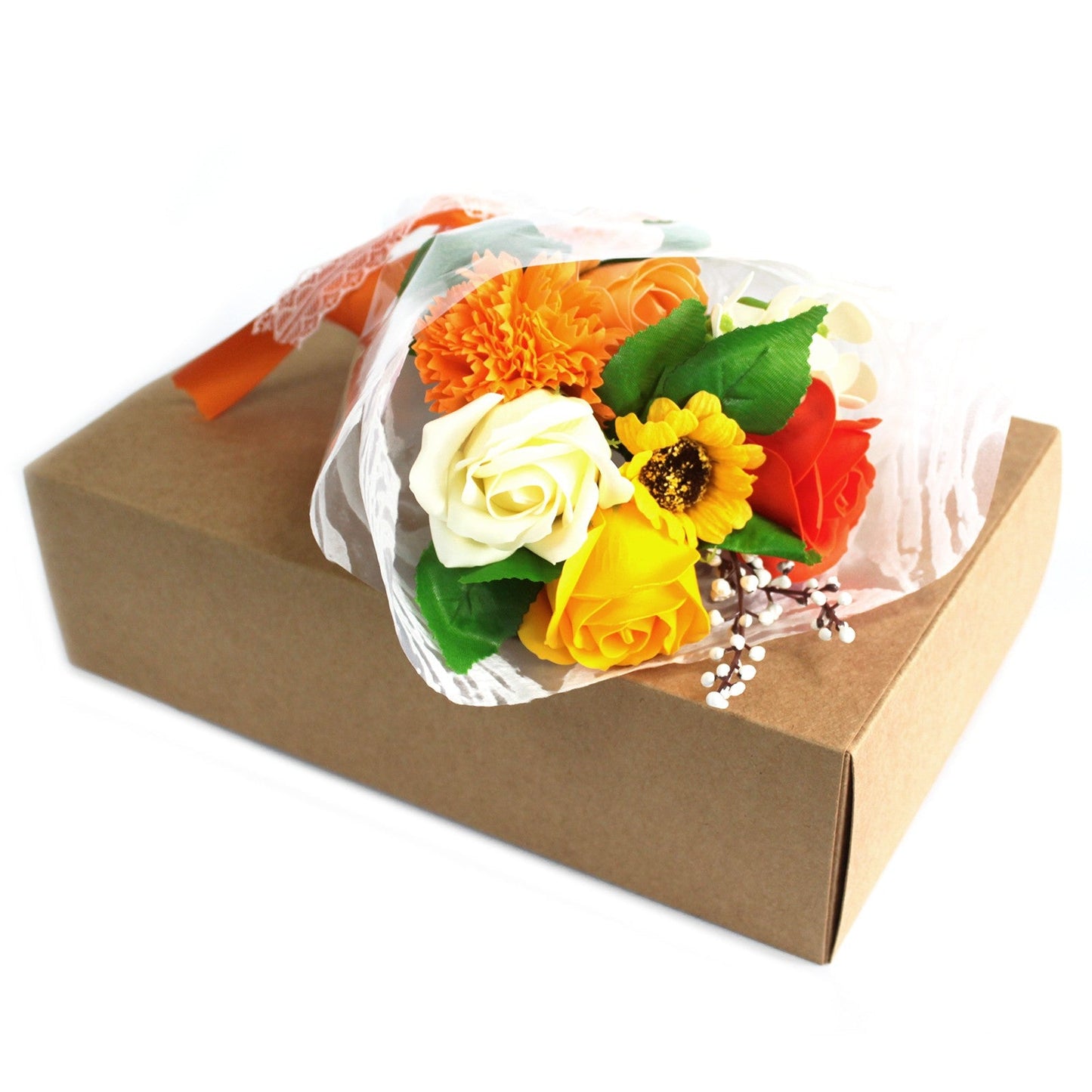 Soap Flower Boxed Bouquet - Orange, with orange, yellow, cream and red flowers resting on a brown box by Quintessential Holistic Health Ltd