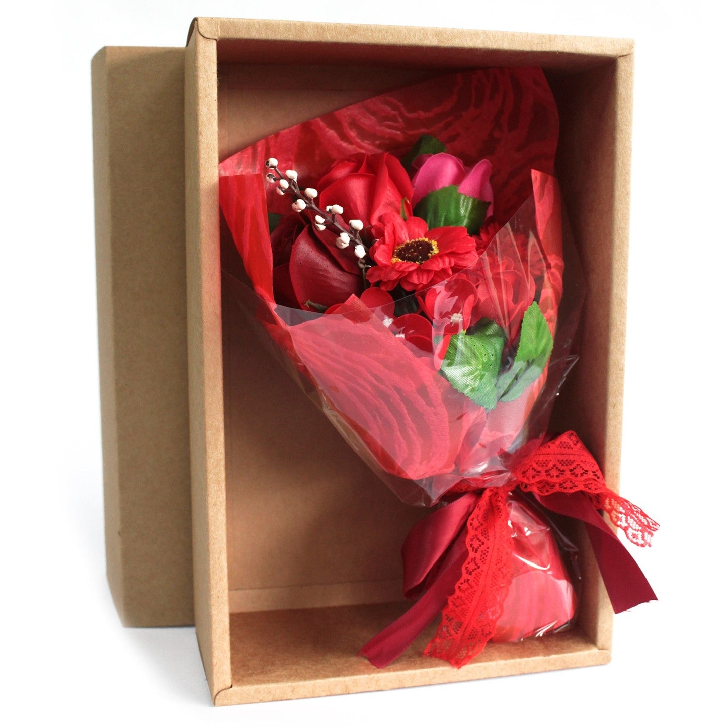 Soap Flower Boxed Bouquet - Red, with red flowers and green leaves tied with a red ribbon in an open brown box by Quintessential Holistic Health Ltd