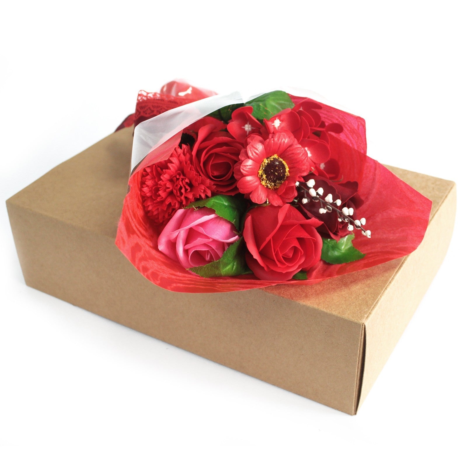 Soap Flower Boxed Bouquet - Red, with red and pink flowers wrapped in red mesh on a brown box by Quintessential Holistic Health Ltd