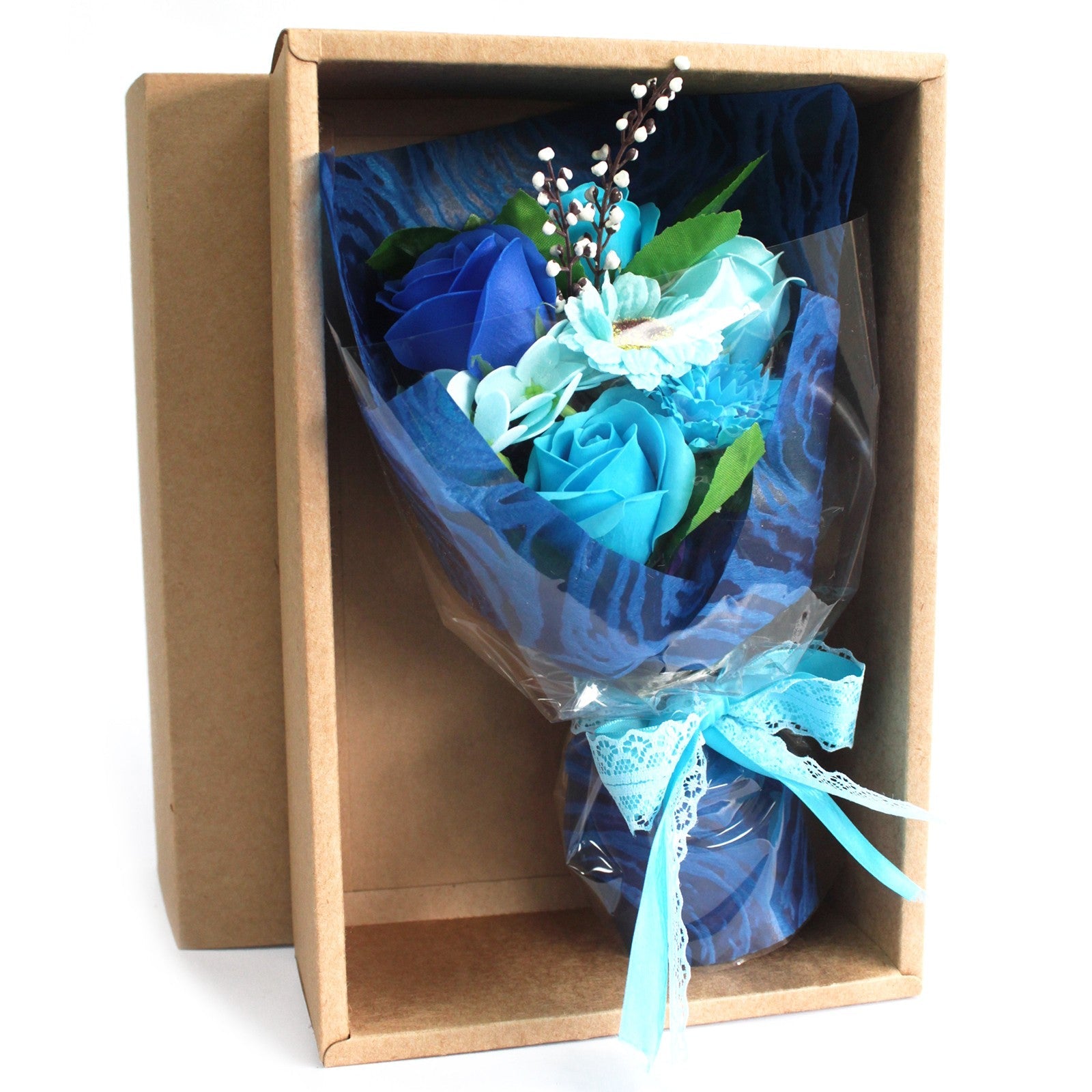 Soap Flower Boxed Bouquet - Blue, with deep blue, turquoise and white flowers tied with a blue ribbon in an open brown box by Quintessential Holistic Health Ltd