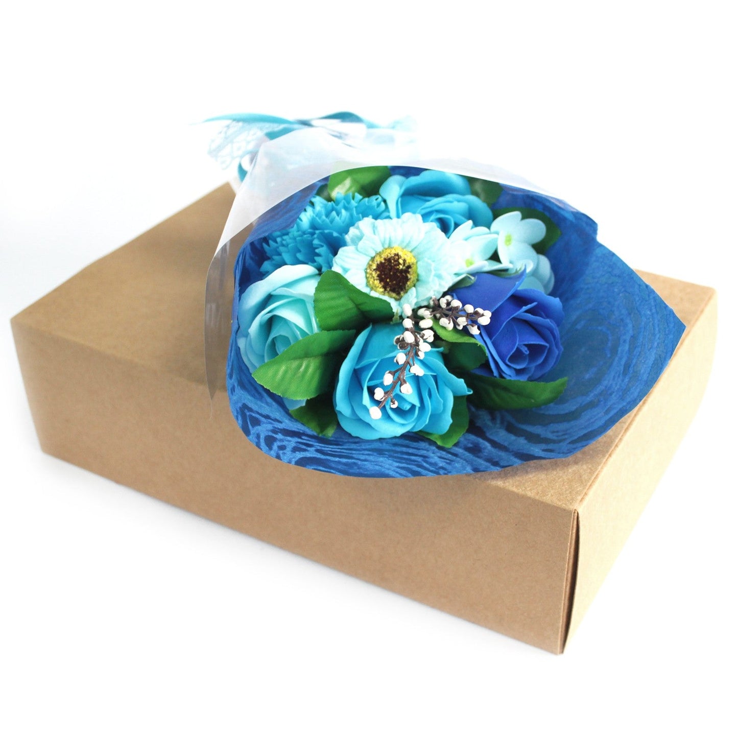 Soap Flower Boxed Bouquet - Blue, a round blue, turquoise and white floral arrangement with green leaves on a brown box by Quintessential Holistic Health Ltd