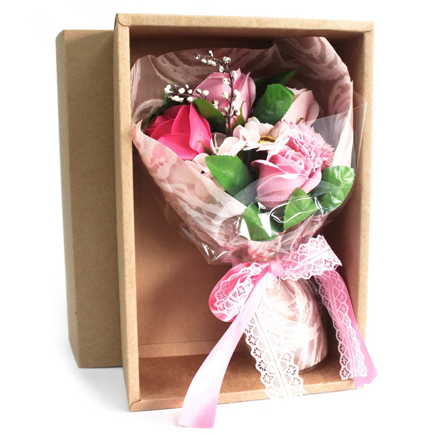 Soap Flower Boxed Bouquet - Pink, with pink and white flowers tied with a pink lace ribbon in an open brown box by Quintessential Holistic Health Ltd