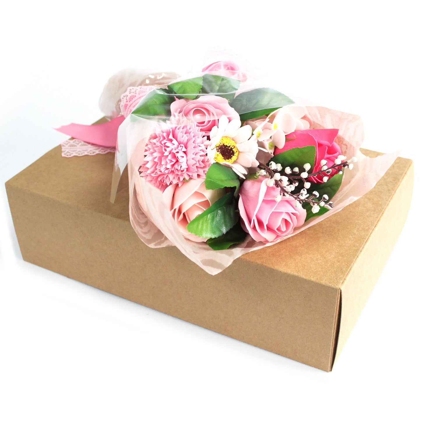 Soap Flower Boxed Bouquet - Pink, with pink and white flowers wrapped in pale pink mesh on a brown box by Quintessential Holistic Health Ltd