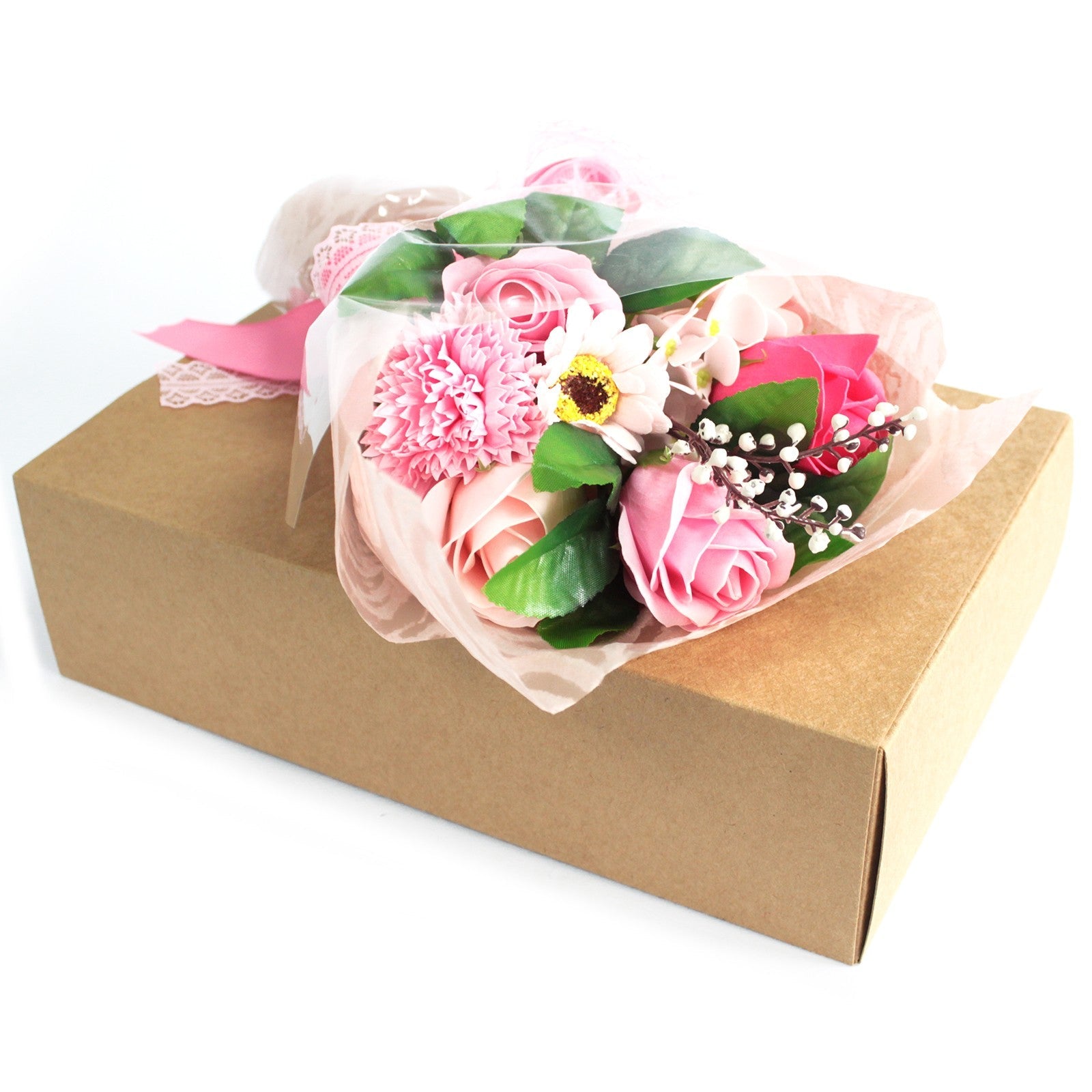 Soap Flower Boxed Bouquet - Pink, with pink and white flowers wrapped in pale pink mesh on a brown box by Quintessential Holistic Health Ltd