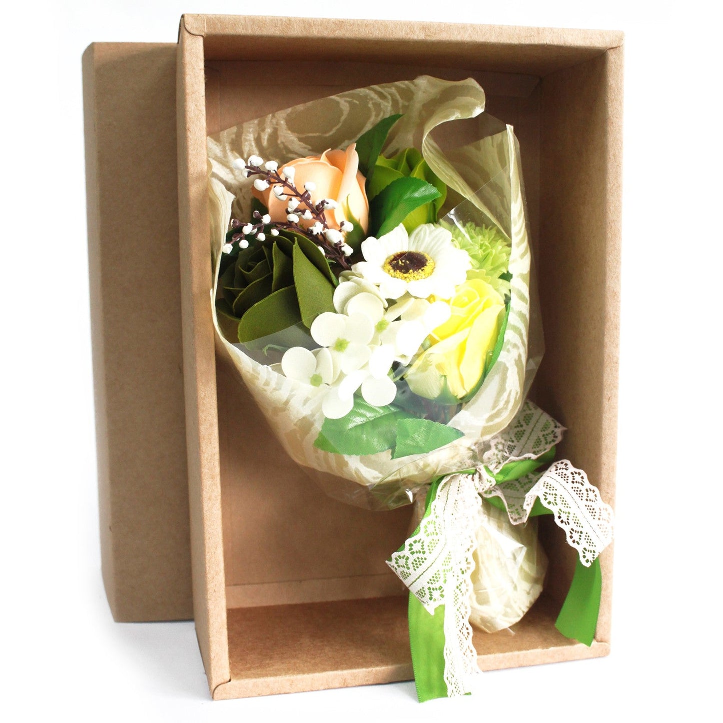 Soap Flower Boxed Bouquet - Greens, with white and pale green flowers, broad green leaves and a lace bow in an open brown box by Quintessential Holistic Health Ltd