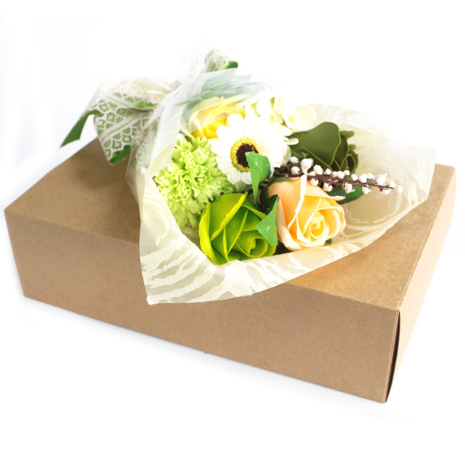 Soap Flower Boxed Bouquet - Greens, with green, cream and yellow flowers resting on an open brown box by Quintessential Holistic Health Ltd