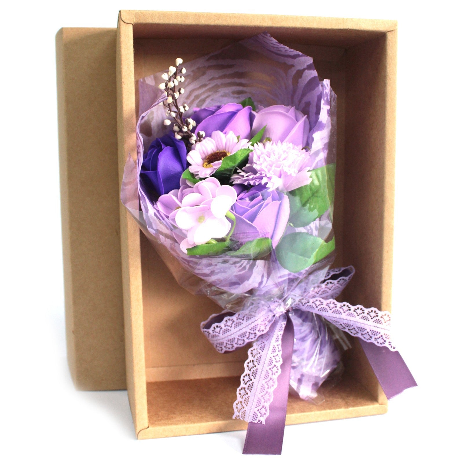 Soap Flower Boxed Bouquet - Purple, with lilac, purple and white flowers tied with a purple lace ribbon in an open brown box by Quintessential Holistic Health Ltd