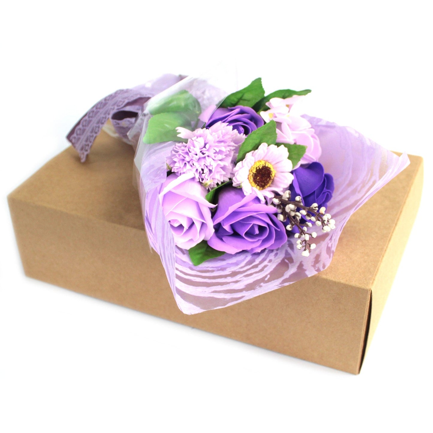 Soap Flower Boxed Bouquet - Purple, with purple and white flowers wrapped in lilac mesh on a brown box by Quintessential Holistic Health Ltd