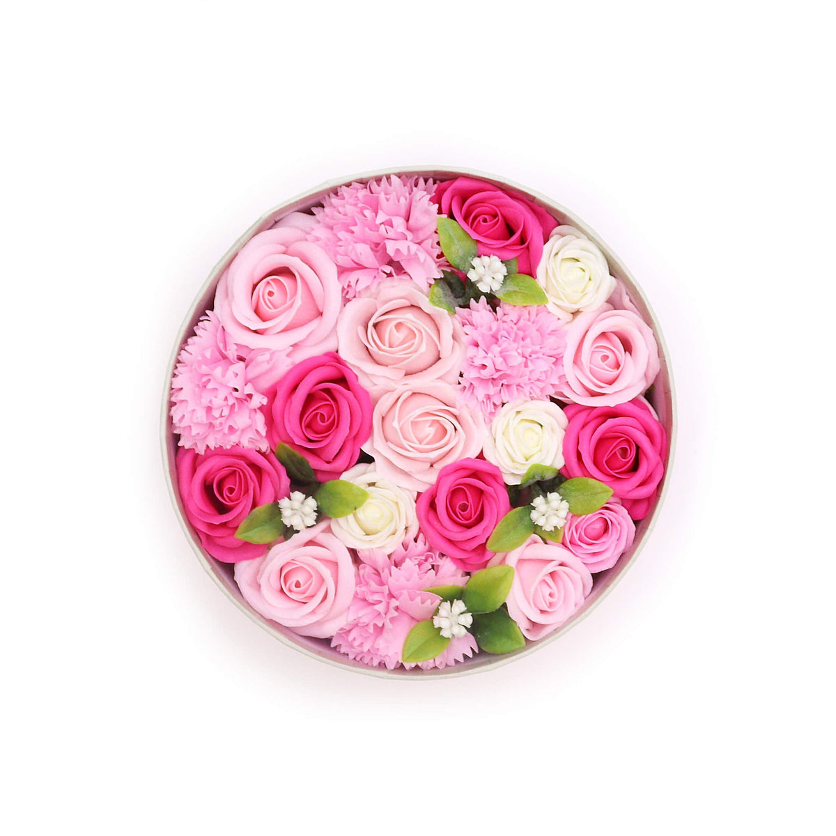 Luxury Soap Flowers - Round - Pinks, round display of pale pink, hot pink and cream flowers with small green leaves, by Quintessential Holistic Health Ltd