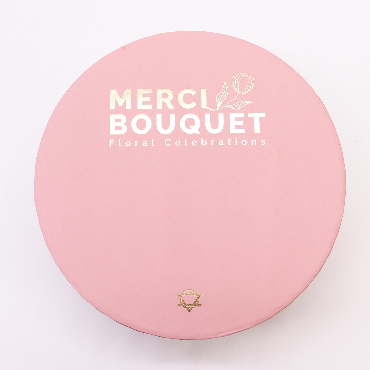 Luxury Soap Flowers - Round - Pinks, circular pale pink lid with white Merci Bouquet branding and a small gold emblem, by Quintessential Holistic Health Ltd