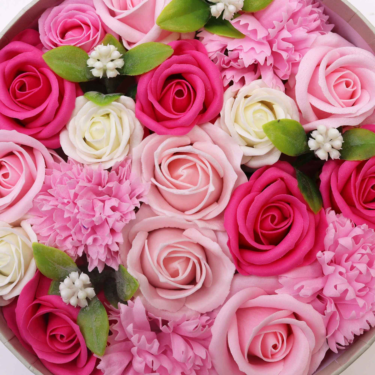Luxury Soap Flowers - Round - Pinks, close-up of pale pink, hot pink and cream flowers with green leaves and white buds, by Quintessential Holistic Health Ltd