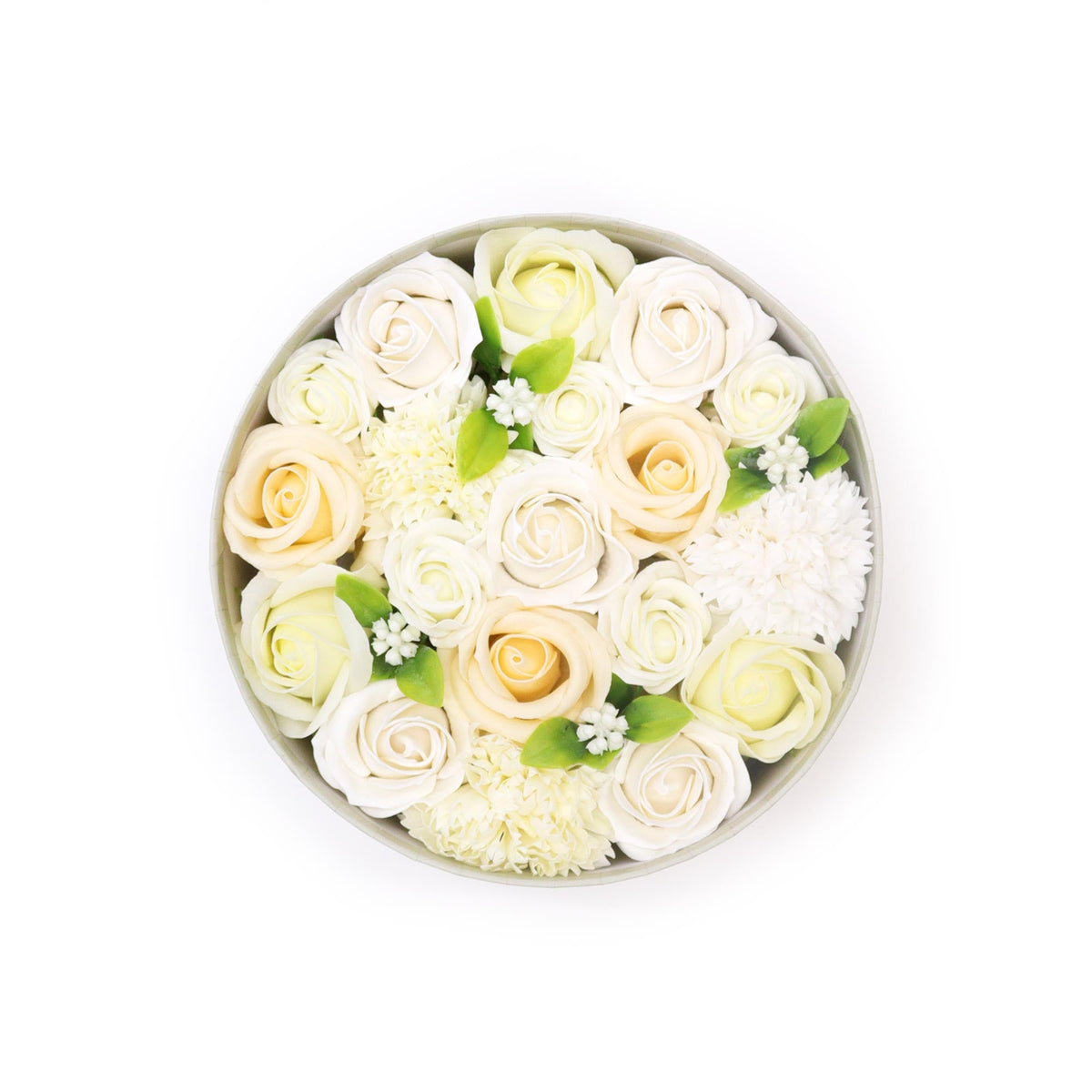 Luxury Soap Flowers - Round - Whites and Ivory, circular arrangement of cream and white blooms with small green leaves, by Quintessential Holistic Health Ltd