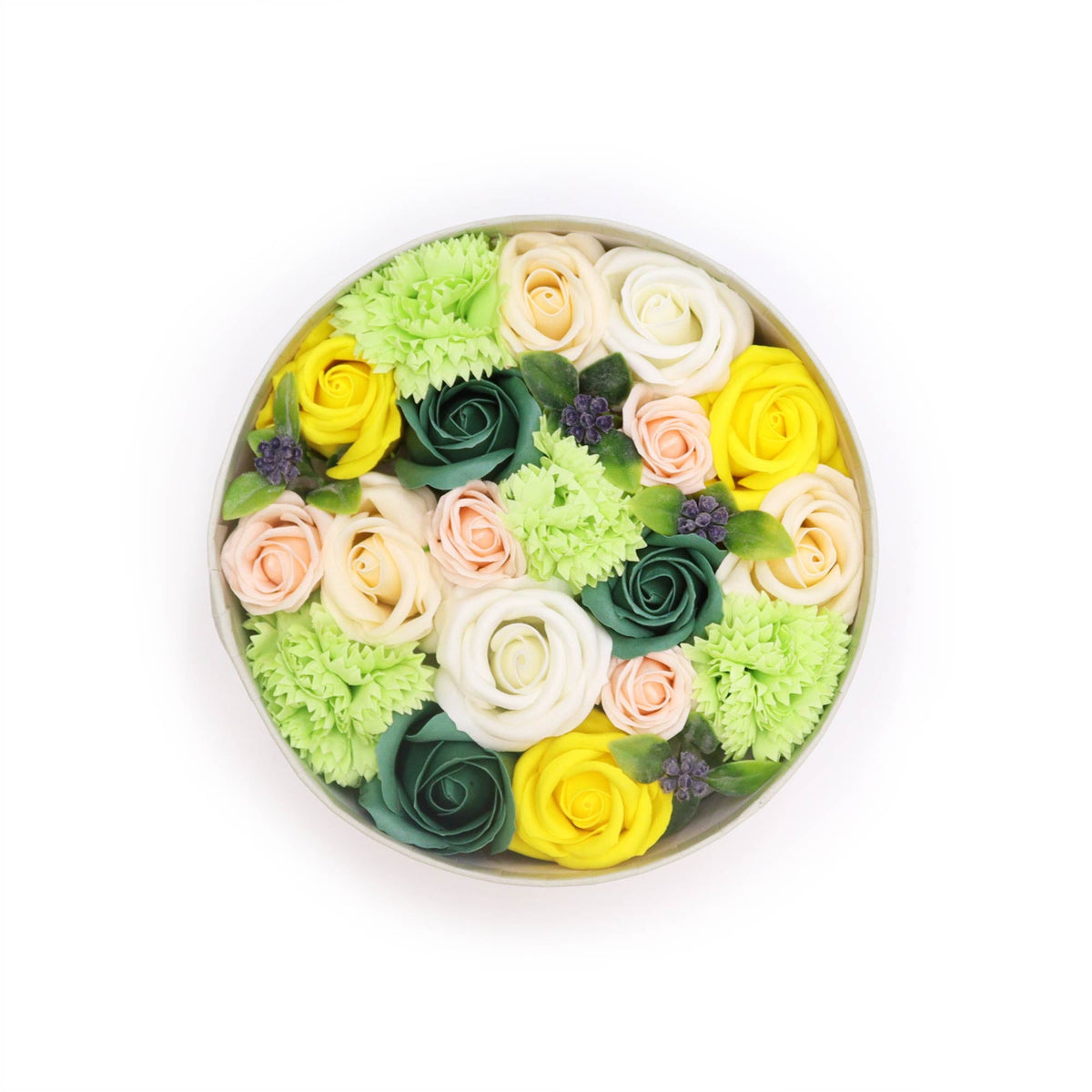 Luxury Soap Flowers - Round - Yellows and Greens, circular arrangement of yellow, green, cream and peach blooms, by Quintessential Holistic Health Ltd